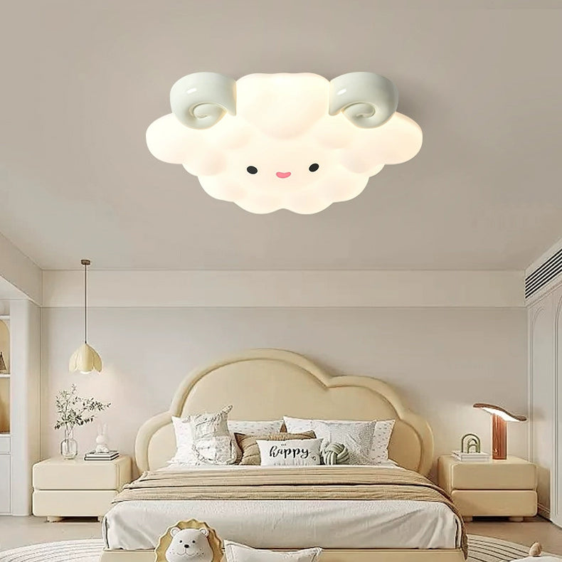 Contemporary Creative Cartoon Kids Sheep Iron Rolled Plastic LED Flush Mount Ceiling Light For Bedroom