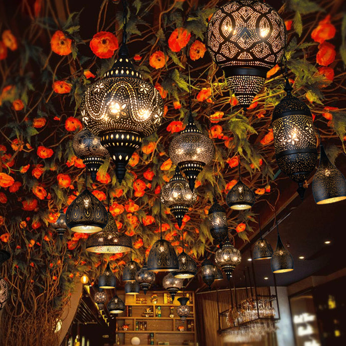 Traditional Vintage Prismatic Gourd Dotted Hardware Iron 3-Light Pendant Light For Living Room