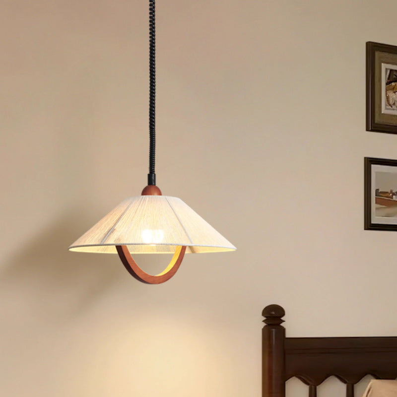 Traditional Vintage Round Table Curved Line Liftable Wooden Fabric 1-Light Pendant Light For Living Room