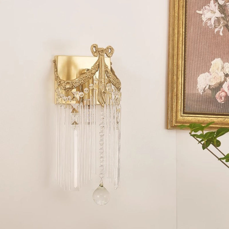 Traditional Vintage Rectangle Ribbon Tassel Copper Glass Crystal 1-Light Wall Sconce Lamp For Bedroom