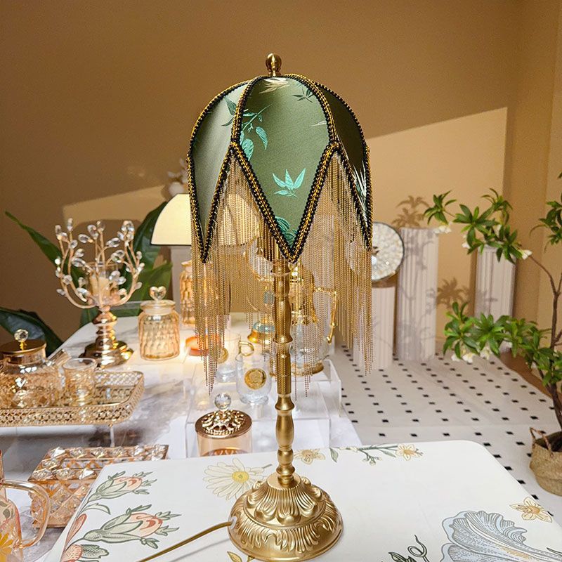 Traditional Vintage Half Round Tassel Bamboo Leaf Pattern Iron Fabric 1-Light Table Lamp For Bedroom