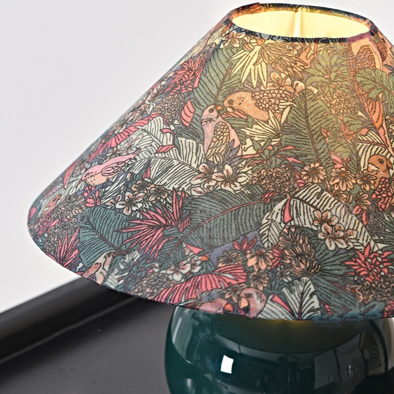 Traditional Vintage Round Table Ball Bird Flower Ceramic Fabric 1-Light Table Lamp For Bedroom