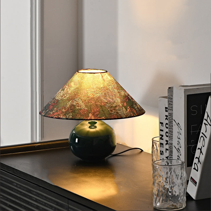 Traditional Vintage Round Table Ball Bird Flower Ceramic Fabric 1-Light Table Lamp For Bedroom