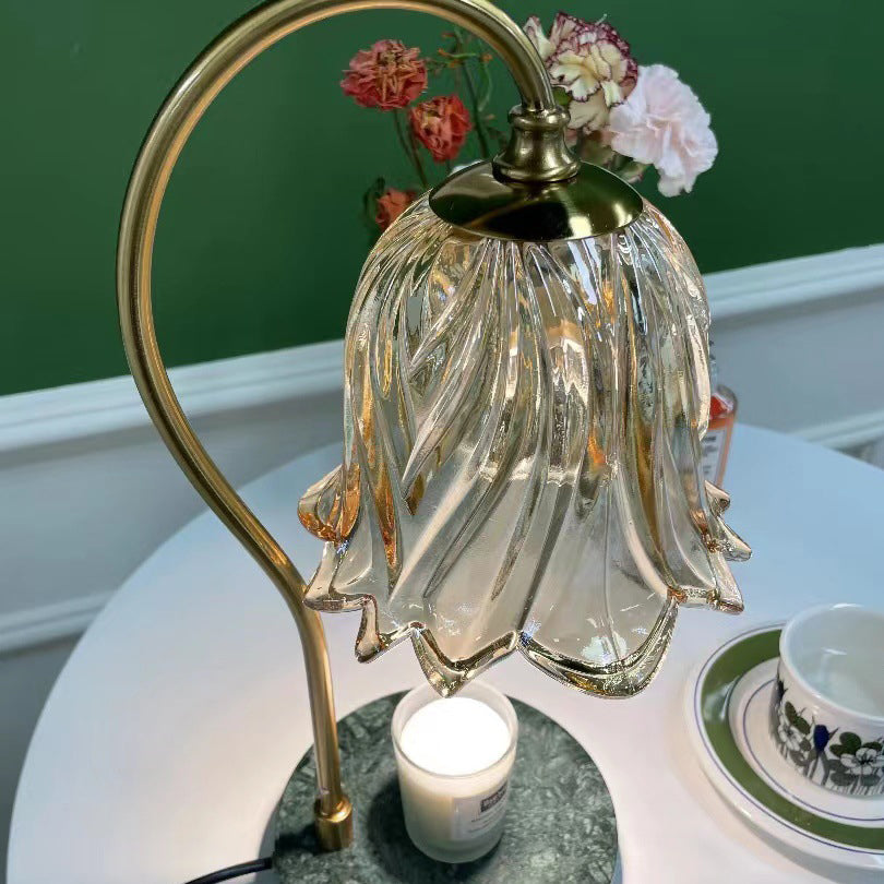 Contemporary Scandinavian Bellflower Disc Base Marble Iron Glass 1-Light Melting Wax Table Lamp For Bedroom