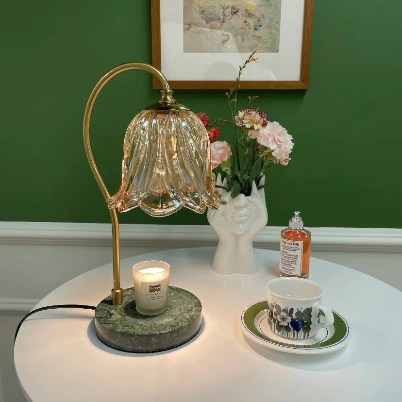 Contemporary Scandinavian Bellflower Disc Base Marble Iron Glass 1-Light Melting Wax Table Lamp For Bedroom