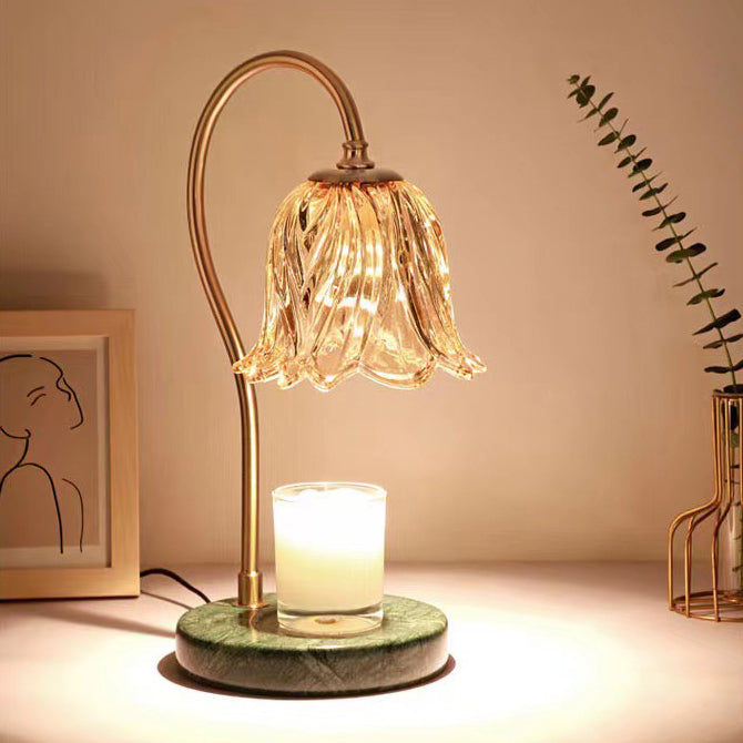 Contemporary Scandinavian Bellflower Disc Base Marble Iron Glass 1-Light Melting Wax Table Lamp For Bedroom