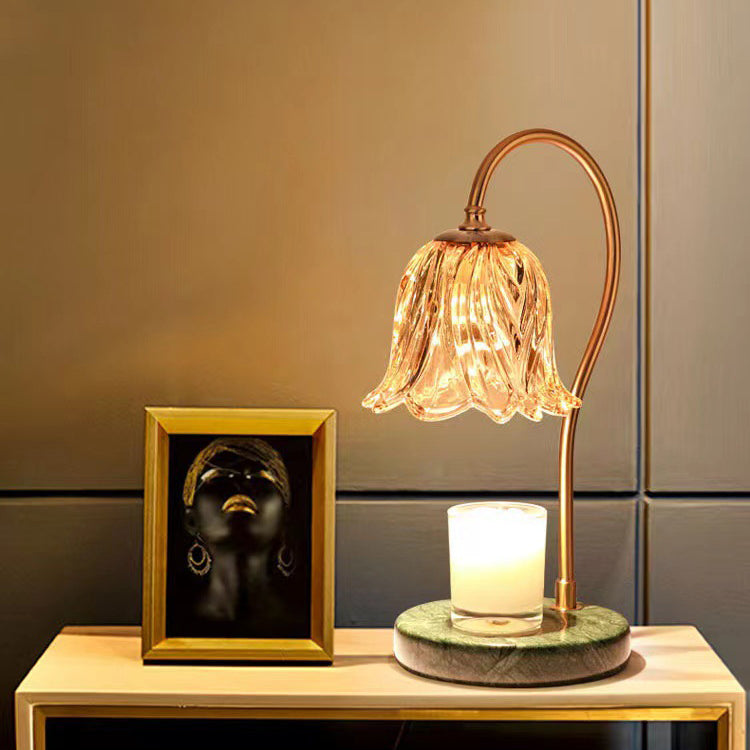 Contemporary Scandinavian Bellflower Disc Base Marble Iron Glass 1-Light Melting Wax Table Lamp For Bedroom