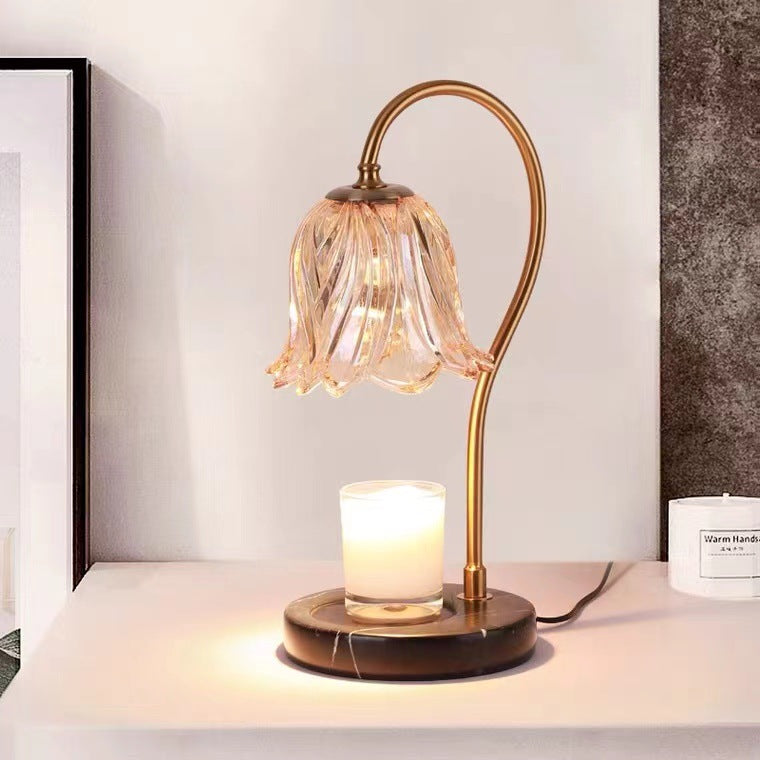 Contemporary Scandinavian Bellflower Disc Base Marble Iron Glass 1-Light Melting Wax Table Lamp For Bedroom