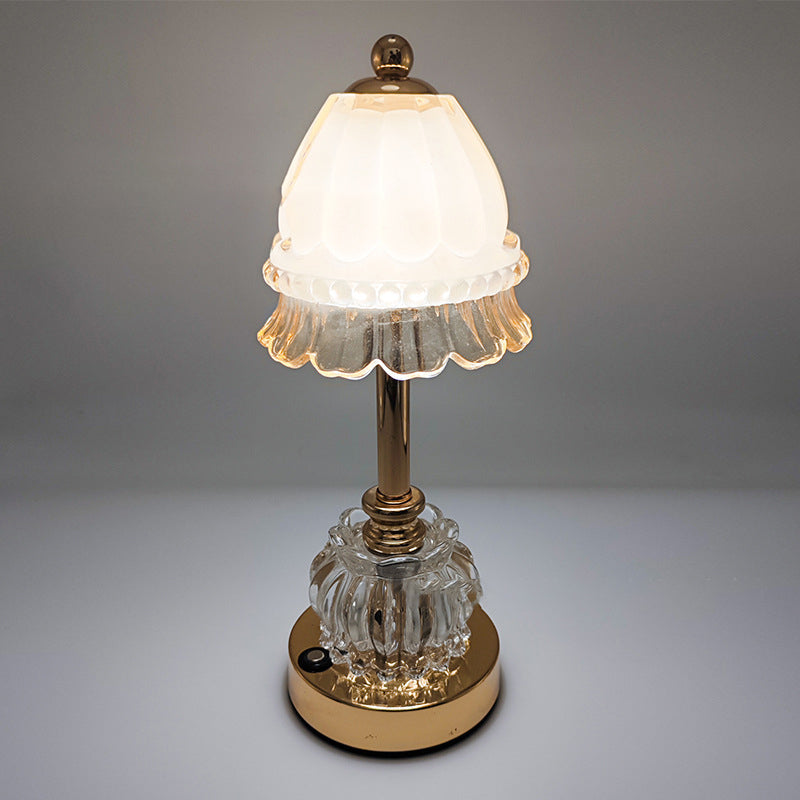 Traditional Vintage Flower Disc Base Rechargeable Iron Glass LED Table Lamp For Bedroom