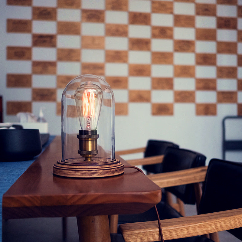 Traditional Vintage Oval Cylinder Round Wood Glass 1-Light Table Lamp For Bedroom