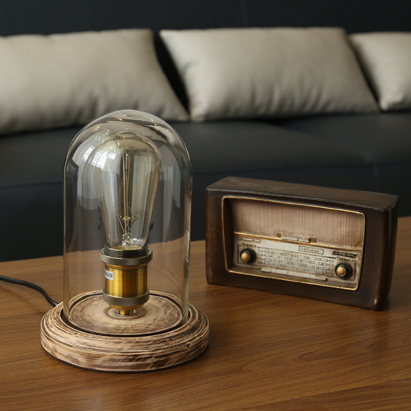 Traditional Vintage Oval Cylinder Round Wood Glass 1-Light Table Lamp For Bedroom