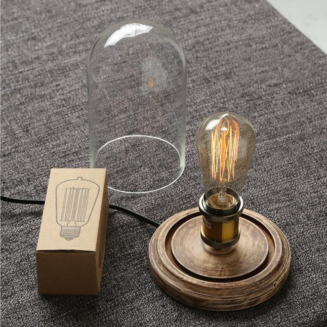 Traditional Vintage Oval Cylinder Round Wood Glass 1-Light Table Lamp For Bedroom