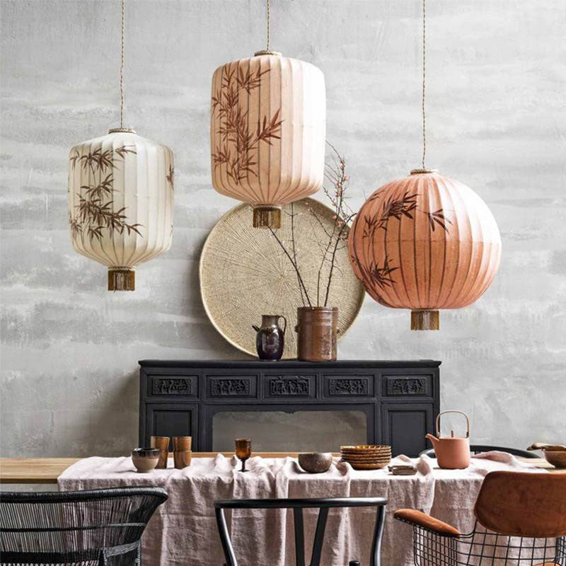Traditional Chinese Bamboo Pattern Fabric Lantern Shade 1-Light Pendant Light For Dining Room