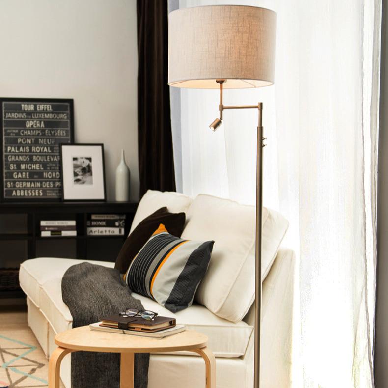 Traditional Vintage Cylinder Fabric Iron 2-Light Rotatable Spotlight Standing Floor Lamp For Home Office