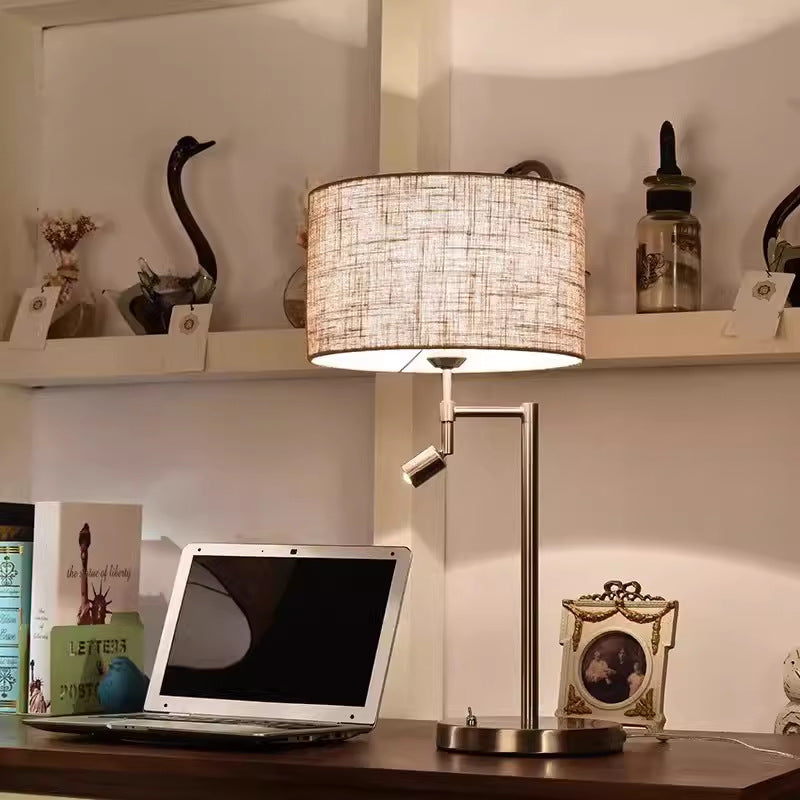Traditional Vintage Cylinder Fabric Iron 2-Light Rotatable Spotlight Table Lamp For Home Office