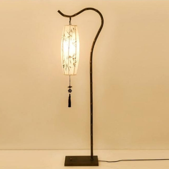 伝統的な中国禅竹画ファブリックアーク鉄ベース1灯スタンドフロアランプホームオフィス用