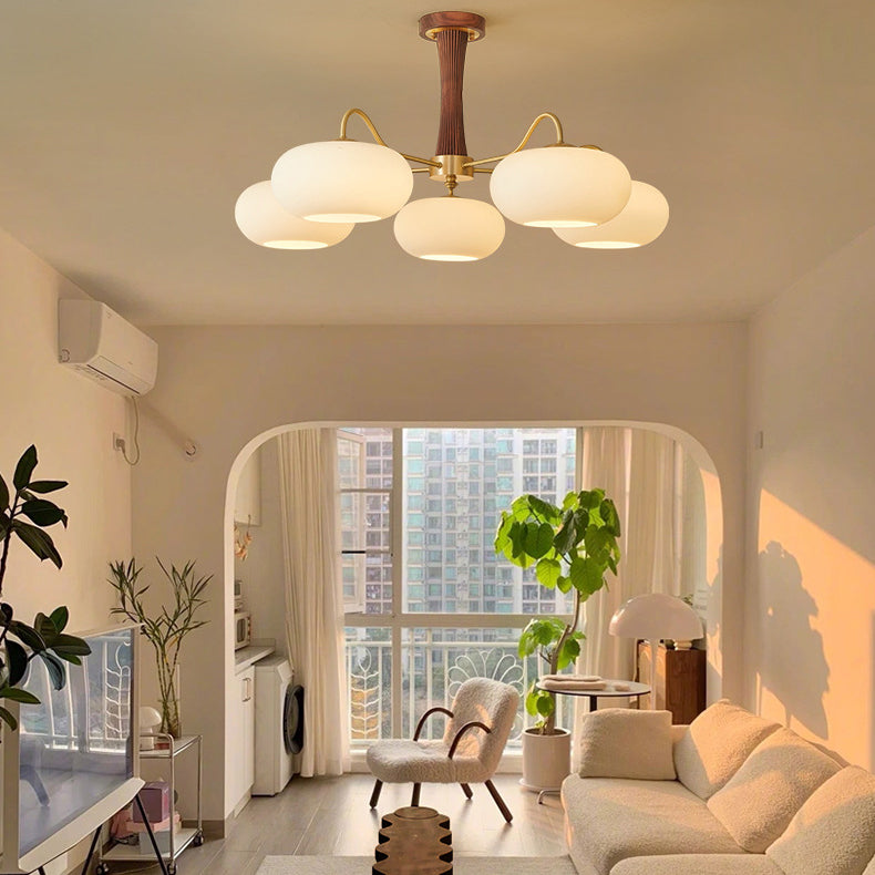 مصباح سقف فرنسي تقليدي من خشب الجوز بإطار من النحاس وغطاء زجاجي بلون الكاكي، 3/5 ضوء، مثبت بشكل نصف مسطح لغرفة المعيشة