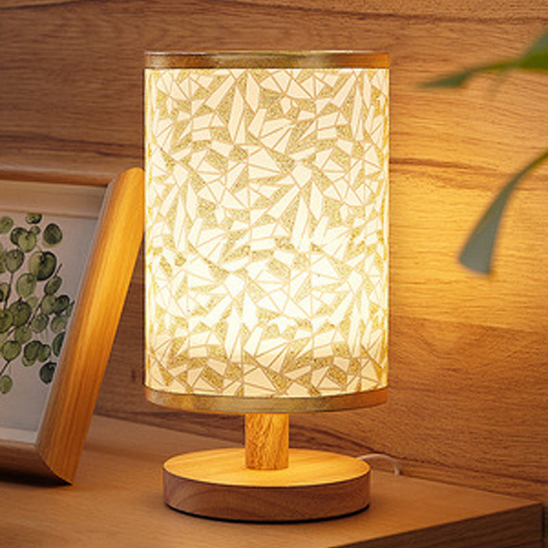 Traditional Vintage Fabric Cylinder Shade Wood Base USB LED Table Lamp For Bedroom