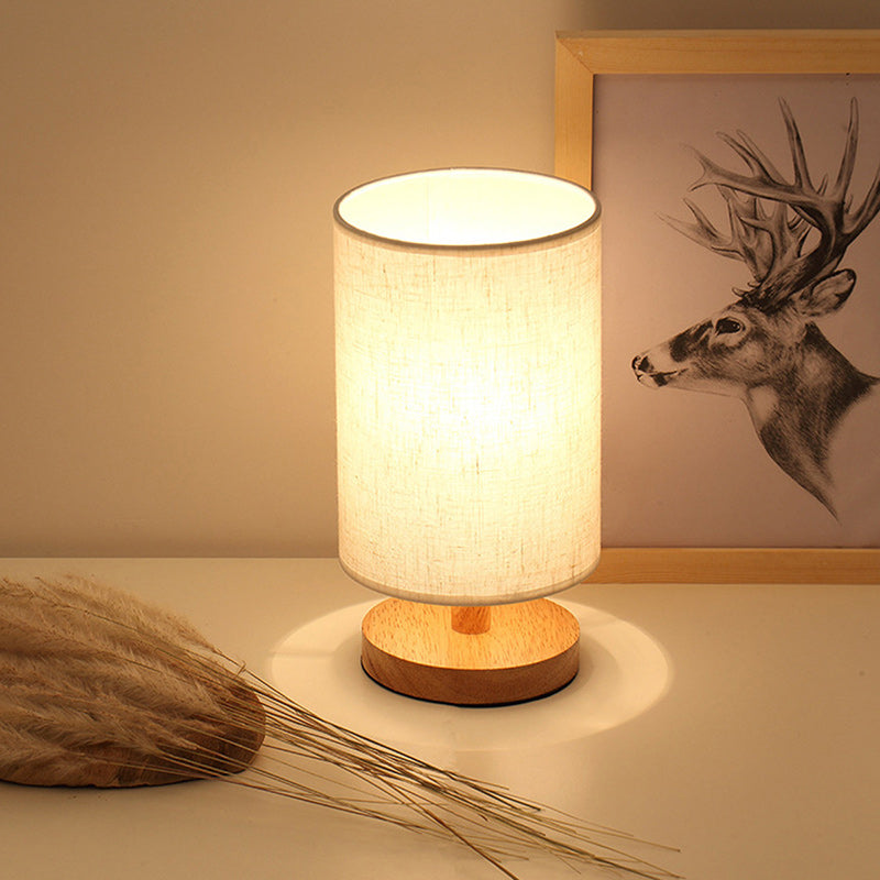 Traditional Vintage Fabric Cylinder Shade Wood Base USB LED Table Lamp For Bedroom