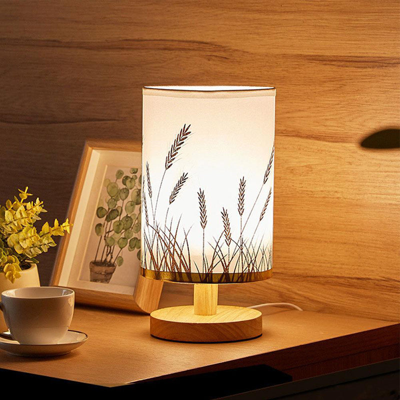 Traditional Vintage Fabric Cylinder Shade Wood Base USB LED Table Lamp For Bedroom