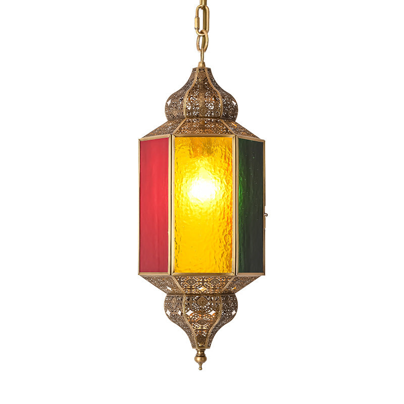 Traditional Vintage Stained Glass Hollow Carved Brass 1-Light Pendant Light For Dining Room