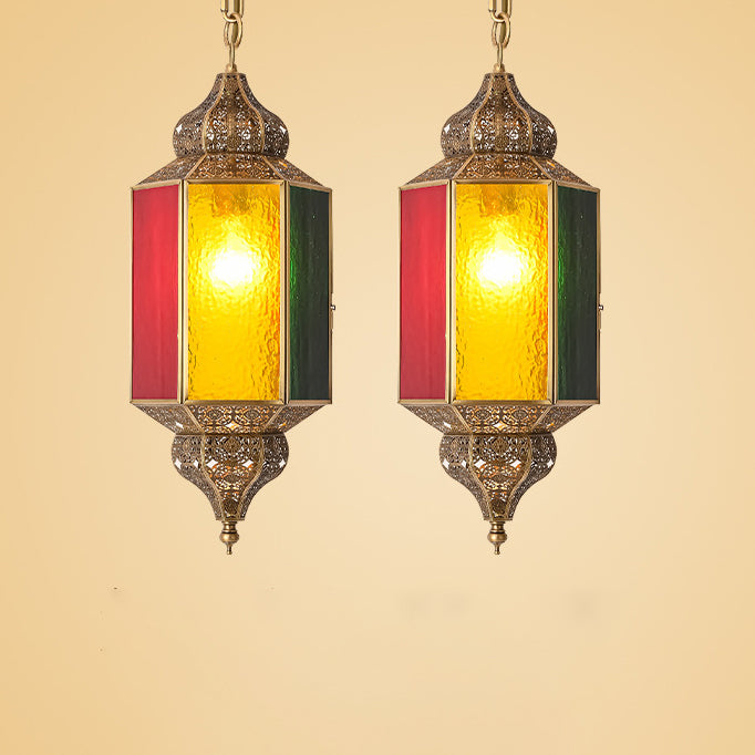 Traditional Vintage Stained Glass Hollow Carved Brass 1-Light Pendant Light For Dining Room