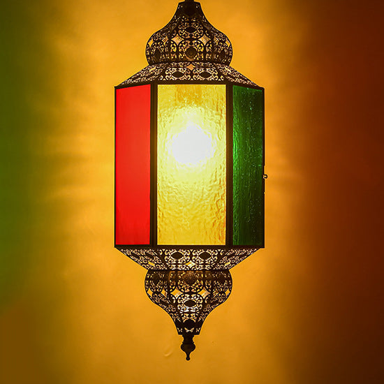 Traditional Vintage Stained Glass Hollow Carved Brass 1-Light Pendant Light For Dining Room