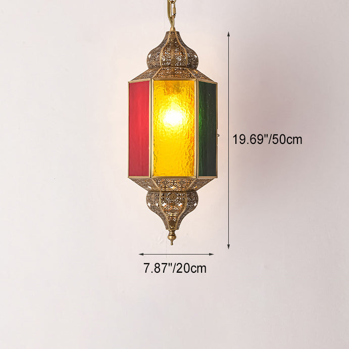 Traditional Vintage Stained Glass Hollow Carved Brass 1-Light Pendant Light For Dining Room