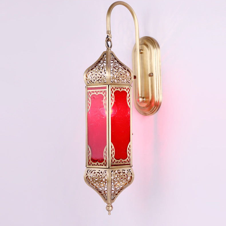 Traditional Vintage Carved Brass Column Glass 1-Light Wall Sconce Lamp For Dining Room