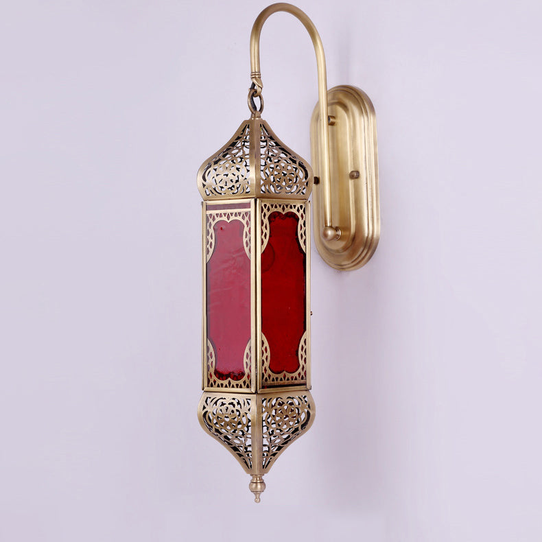 Traditional Vintage Carved Brass Column Glass 1-Light Wall Sconce Lamp For Dining Room