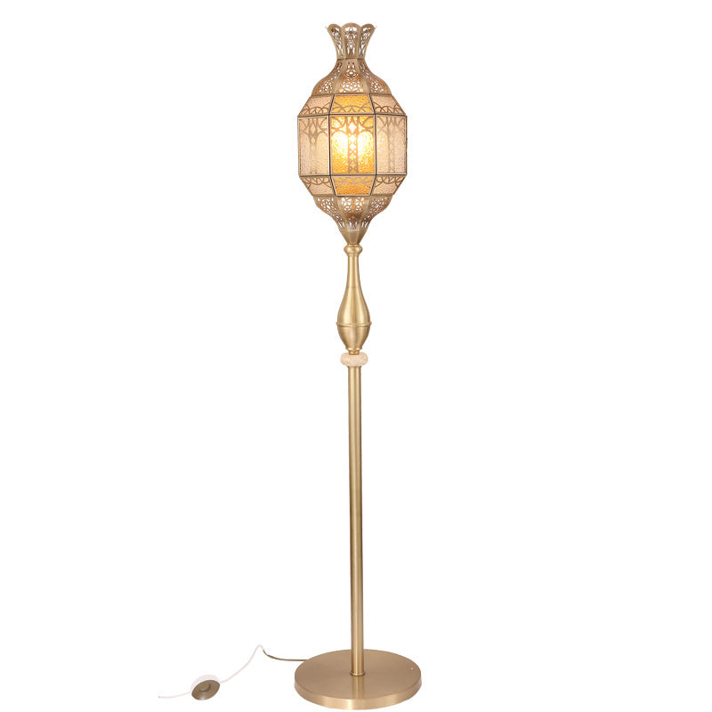 Traditional Vintage Hollow Antique Brass Glass 1-Light Standing Floor Lamp For Dining Room