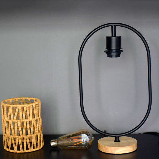 Traditional Vintage Hemp Rope Weaving Cage Wood Base 1-Light Table Lamp For Bedroom