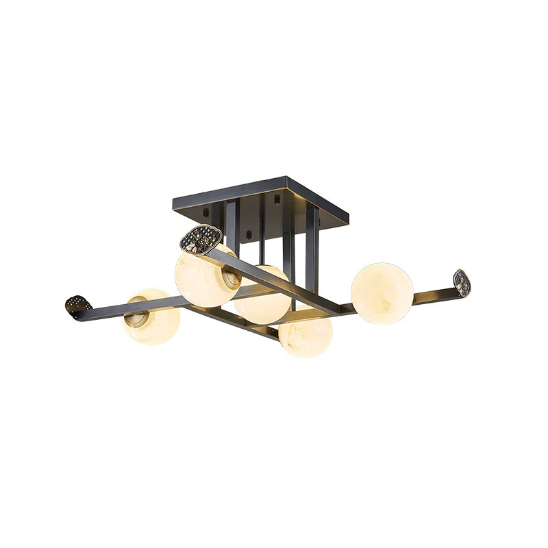 Modern Luxury Marble Ball Shade Copper 5/9-Light Semi-Flush Mount Ceiling Light For Living Room