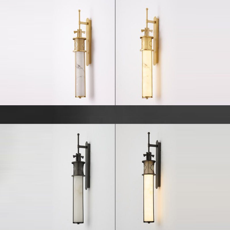 Contemporary Luxury Iron Long Pole Marble Cylinder Shade LED Wall Sconce Lamp For Living Room