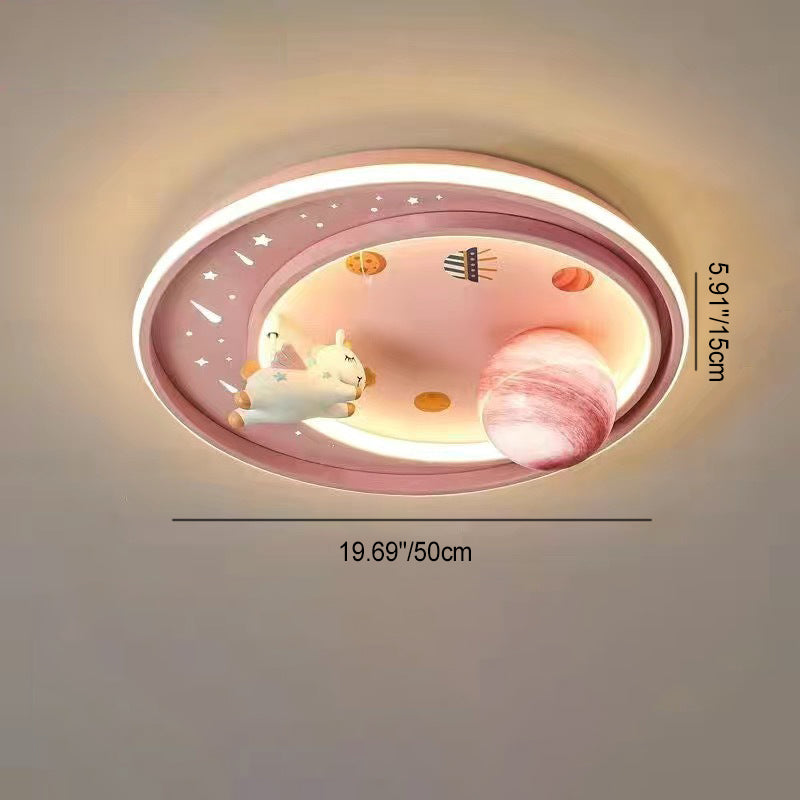 Contemporary Creative Iron Acrylic Cartoon Astronaut Spaceman Planet LED Flush Mount Ceiling Light For Living Room