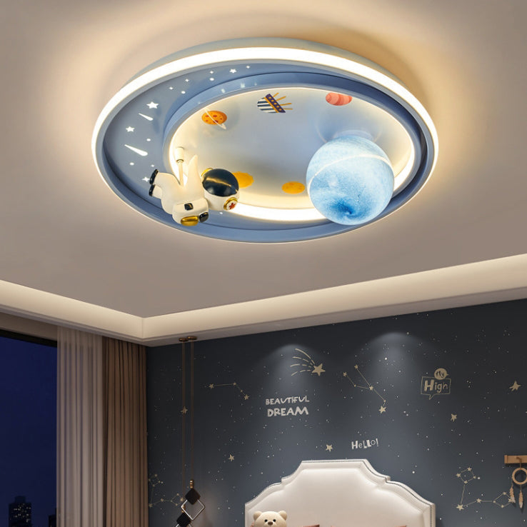 Contemporary Creative Iron Acrylic Cartoon Astronaut Spaceman Planet LED Flush Mount Ceiling Light For Living Room