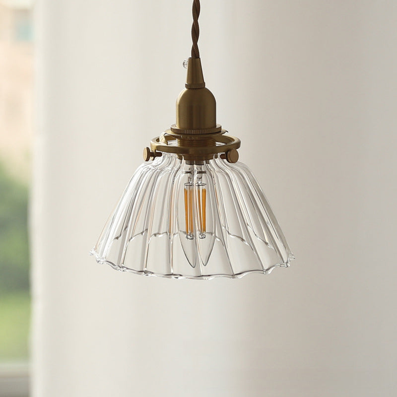 Traditional Vintage Brass Semi-Conical Glass Shade 1-Light Pendant Light For Living Room