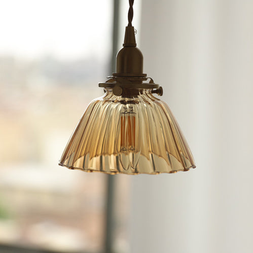 Traditional Vintage Brass Semi-Conical Glass Shade 1-Light Pendant Light For Living Room