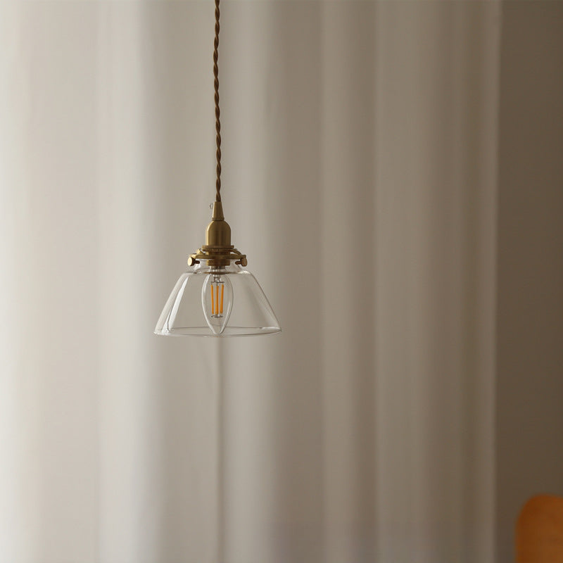 Traditional Vintage Brass Semi-Conical Glass Shade 1-Light Pendant Light For Living Room