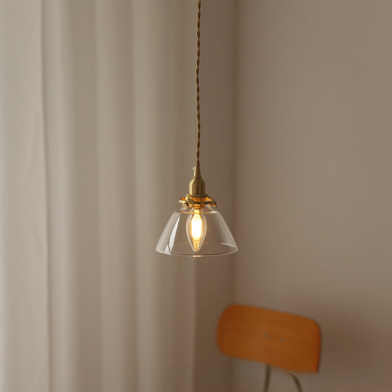 Traditional Vintage Brass Semi-Conical Glass Shade 1-Light Pendant Light For Living Room