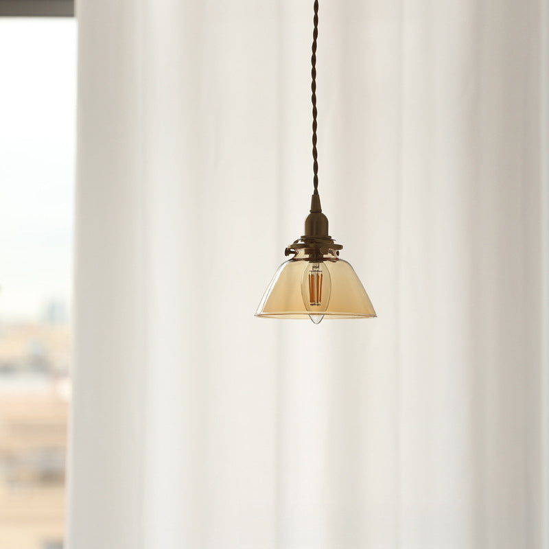 Traditional Vintage Brass Semi-Conical Glass Shade 1-Light Pendant Light For Living Room
