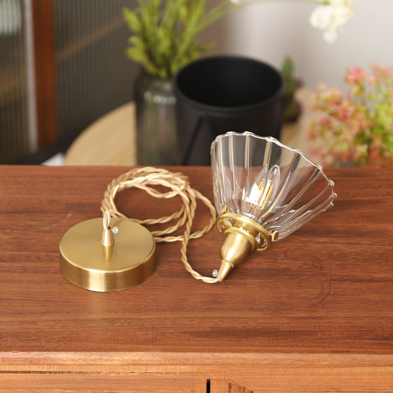 Traditional Vintage Brass Semi-Conical Glass Shade 1-Light Pendant Light For Living Room
