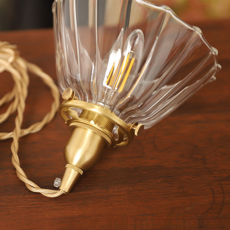 Traditional Vintage Brass Semi-Conical Glass Shade 1-Light Pendant Light For Living Room