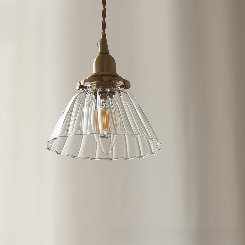 Traditional Vintage Brass Semi-Conical Glass Shade 1-Light Pendant Light For Living Room