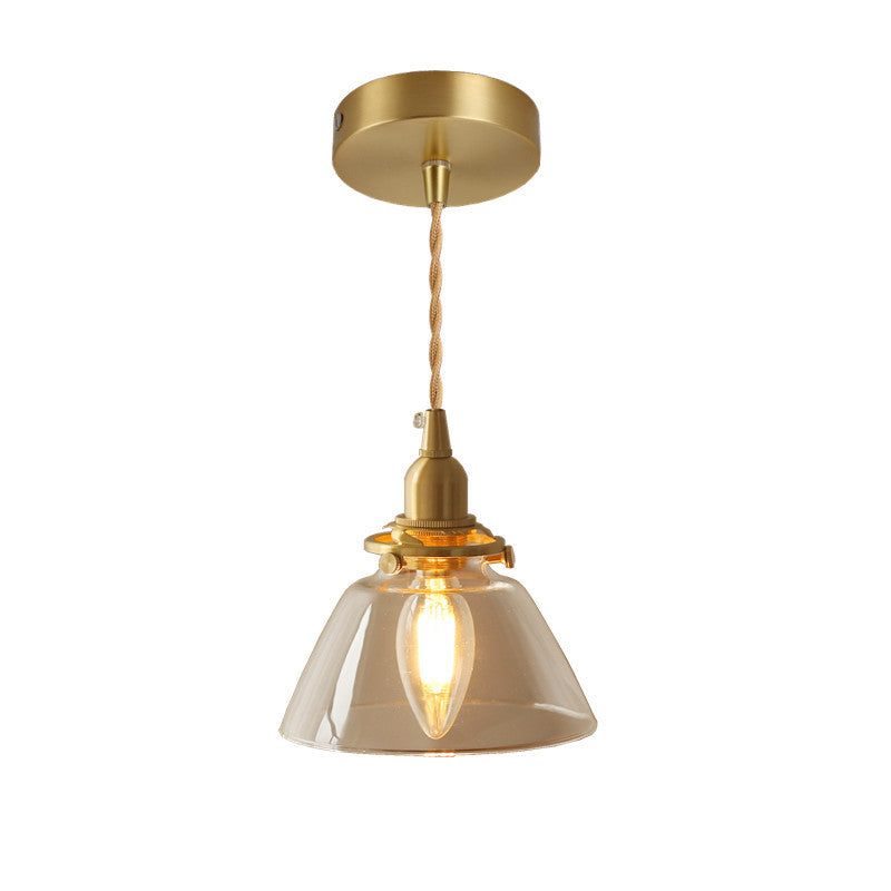 Traditional Vintage Brass Semi-Conical Glass Shade 1-Light Pendant Light For Living Room