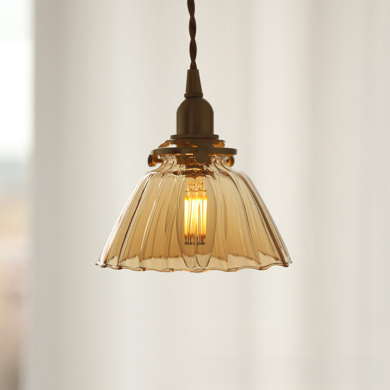 Traditional Vintage Brass Semi-Conical Glass Shade 1-Light Pendant Light For Living Room