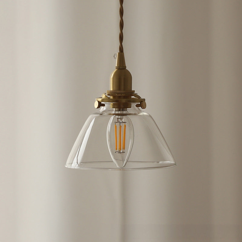 Traditional Vintage Brass Semi-Conical Glass Shade 1-Light Pendant Light For Living Room