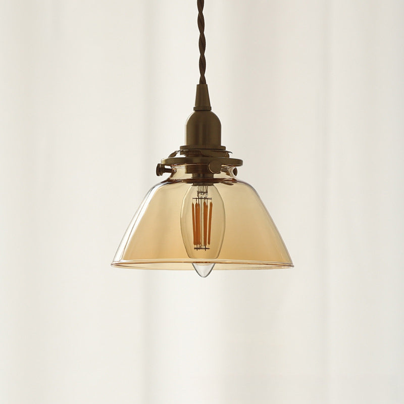 Traditional Vintage Brass Semi-Conical Glass Shade 1-Light Pendant Light For Living Room