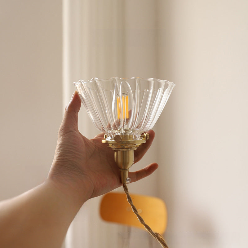 Traditional Vintage Brass Semi-Conical Glass Shade 1-Light Pendant Light For Living Room