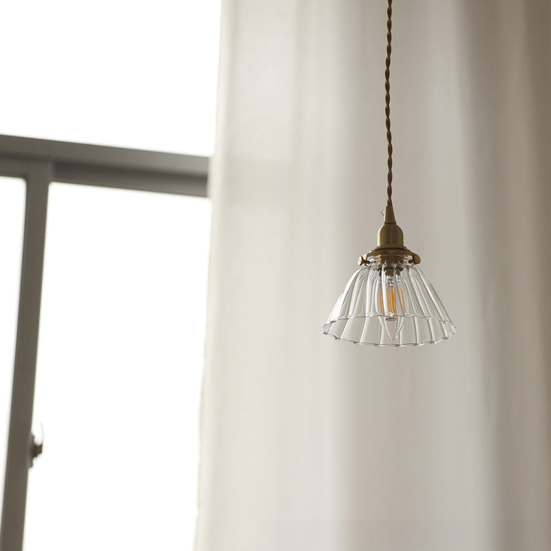 Traditional Vintage Brass Semi-Conical Glass Shade 1-Light Pendant Light For Living Room